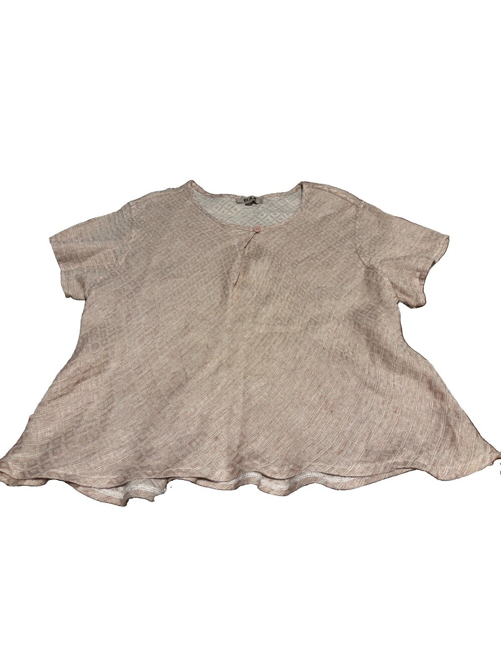 FLAX Women's Beige Linen Geometric V-Neck Short Sleeve Button Blouse M